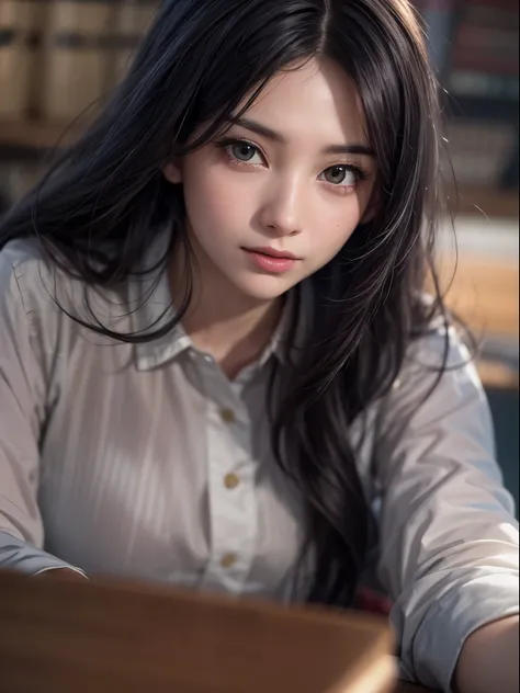 solo, womsn, detaild beautifu face and eyes, long sleeve shirt and skirt, doing clerical work at the office, black hair, long hair, floating hair, shiny hair, jewelry, light smile, cinematic lighting, jpeg artifacts, Eye-Level Shot, drop shadow, depth of f...