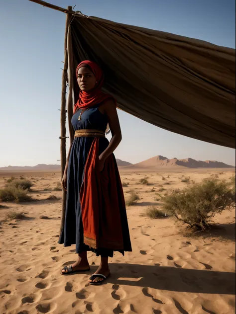 In the harsh sunlit expanse of the Tibesti region, a determined figure, Hawa, age 23, emerges from the dusty horizon. Cloaked in weather-worn fabrics that blend with the arid landscape, her silhouette speaks of resilience and untold stories. Unyielding, he...