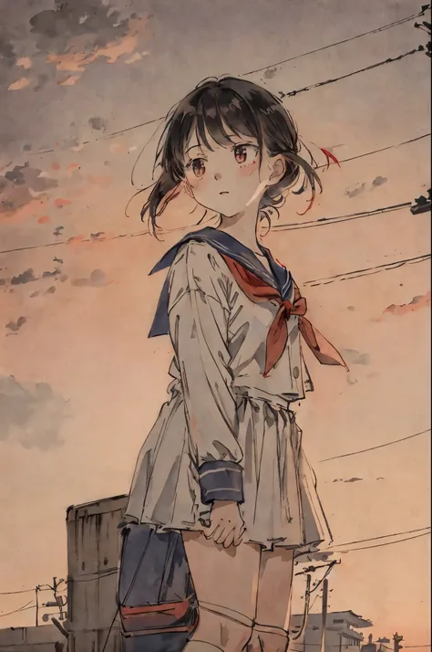 evening、Red sky、a sailor suit、I drew the upper body、early evening、eventide、girl looking up、A dark-haired、concrete、street、Nostalgic、electric wires、utility pole、reddish lighting、florals