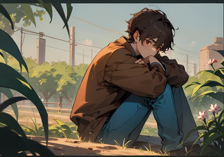 1 guy ,male, a drawing of a man with his hands on his knees, sitting pose, red eyes, sad, brown jacket, gray shirt, blue pant ,brown hair, sitting in the farm, crops, flower around, surrounded with crops and flower, sitting outside, out door,