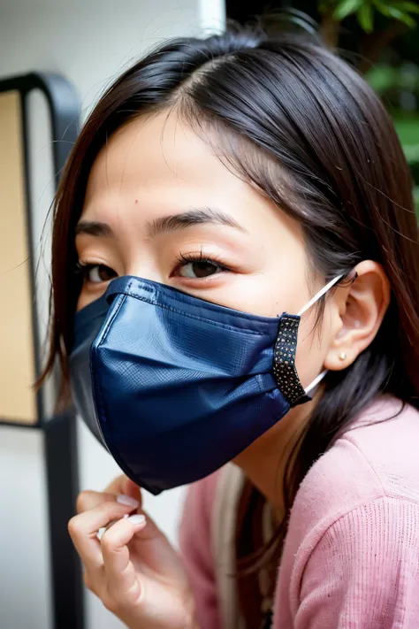 A beautiful Japanese woman is sticking her tongue out of the hole in the center of her non-woven mask.She is sticking her tongue out of her mask.