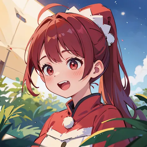 18 years old girls, Wearing Santa Claus costume，With a ponytail、ahoge、Big, round red eyes、微微一laughingly、laughingly、small tit、Every detail of realistic painting, Christmas outdoor activitiequisite detailing、facial closeups