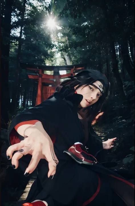 anime character with black robe and red shoes in forest, realism.