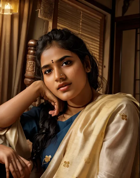 young Indian girl, 18-year-old,  gentle sun lighting on face , village mood , old cloths, silk cloth, cloth is transperent , lamp in hand, girl is in temple, back ground temple, village girl vibe, intricate facial details, full body picture, cinimatic pose...