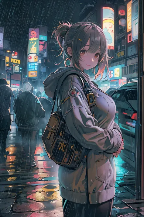 8K, Raw photo, Best Quality, masutepiece:1.2),(Realistic, photo-Realistic:1.37),on tokyo street,Night, Rain, Wet,Cityscape,Night, Cyberpunk City,Soft light,1girl in,, Extremely beautiful face,Bust,put down hands,Random hairstyle,Random hair color,Random ex...