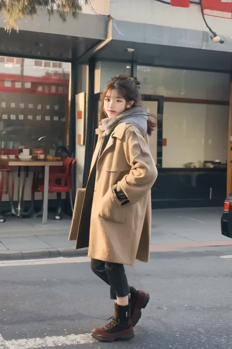 Chinese girl，18yr old，adolable，Winter clothes，wind coat，Full body photo