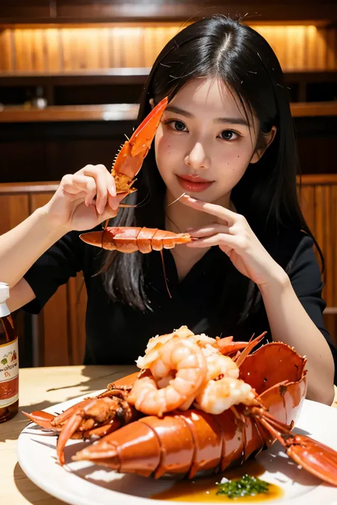 A beautiful woman eats lobster in a restaurant，Both hands are covered with shrimp oil, and both arms are covered with shrimp oil.，I also apply shrimp oil on my face