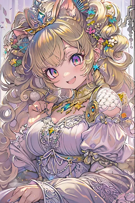 dramatic compositions, Dress in court style, royal, Gorgeous, カスケードfrilld, frilld, the bow, crystal chandeliers, Roman curly hairstyles, ponet, Double ponytail like a drill, Look at the camera, Bangs, maximalism, palace background, Delicate depiction of ha...