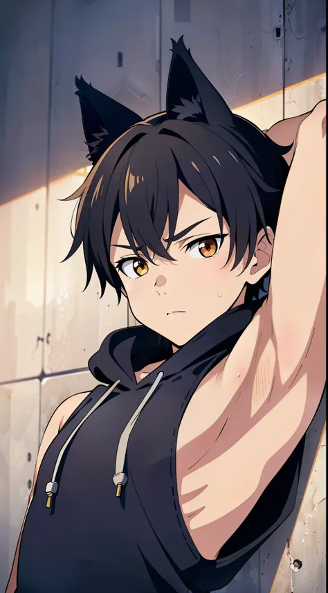 Highres, Masterpiece, Best quality at best,Best Quality,hight quality, hight detailed, 1boy, Shota, Cat ear, sleeveless hoodie, Body only, (young boy), 12-year-old boys, (Showing armpit:1.3), hansome,