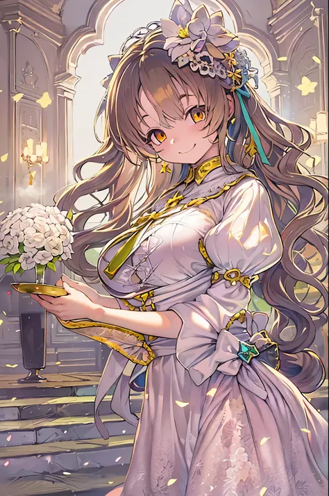 dramatic compositions, Dress in court style, royal, Gorgeous, カスケードfrilld, frilld, the bow, crystal chandeliers, Roman curly hairstyles, ponet, Double ponytail like a drill, Look at the camera, Bangs, maximalism, palace background, Delicate depiction of ha...