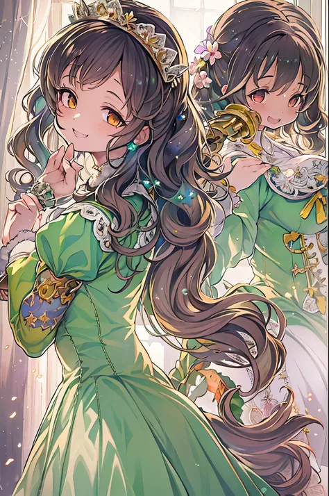 dramatic compositions, Dress in court style, royal, Gorgeous, カスケードfrilld, frilld, the bow, crystal chandeliers, Roman curly hairstyles, ponet, Double ponytail like a drill, Look at the camera, Bangs, maximalism, palace background, Delicate depiction of ha...