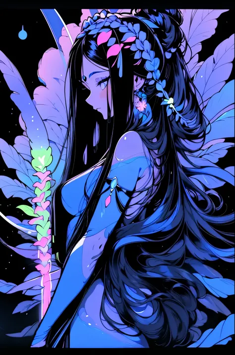 ((Ultra Long Exposure Photography)) Indian woman with long black hair in space buns. She is the goddess of horticulture. She’s covered in millions of microscopic ultra bright Blue neon strings emanating from her body. beautiful backlit silhouette, high det...