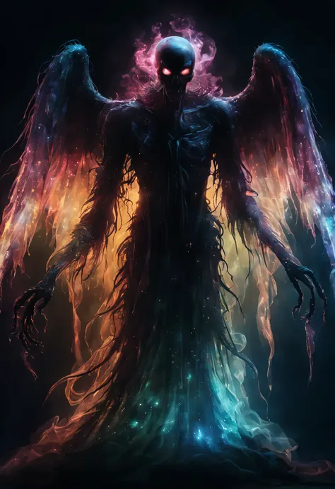 Ultra detailed illustration of the dark silhouette of a rotten archangel, phantasmagorical figure, (((ghostly creature:1.5))), (((translucent:1.5))), neon lights, (light particles), colorful, cmyk colors, strong backlit, bokeh