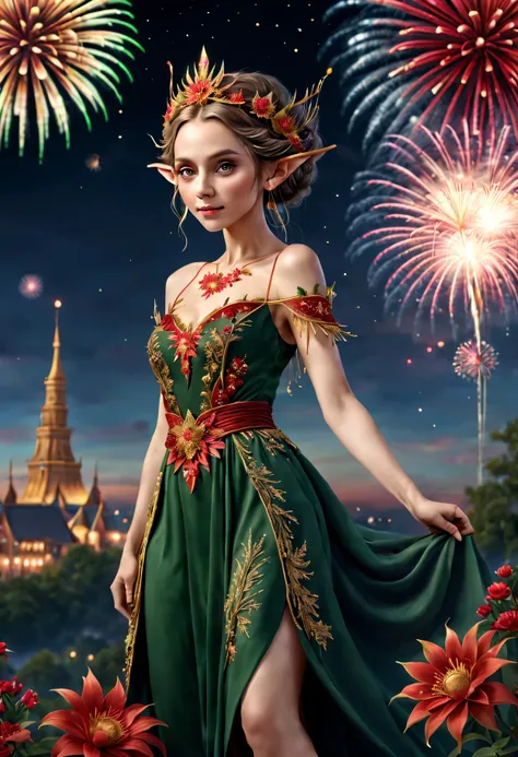 wide wide shot，Expansive night sky，new year，(A grand fireworks display),Beautiful Elf Queen，Spring dress，having fun，red tint，Golden wire，Flower embroidery，(Best quality at best,4K,A high resolution,tmasterpiece:1.2),ultra - detailed,(actual,photoactual,pho...