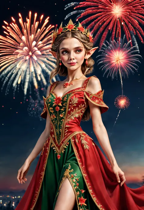 wide wide shot，Expansive night sky，new year，(A grand fireworks display),Beautiful Elf Queen，Spring dress，having fun，red tint，Golden wire，Flower embroidery，(Best quality at best,4K,A high resolution,tmasterpiece:1.2),ultra - detailed,(actual,photoactual,pho...