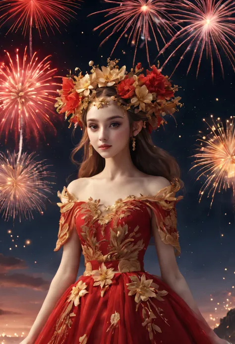 wide wide shot，Expansive night sky，new year，(A grand fireworks display),Beautiful Elf Queen，Spring dress，having fun，red tint，Golden wire，Flower embroidery，(Best quality at best,4K,A high resolution,tmasterpiece:1.2),ultra - detailed,(actual,photoactual,pho...