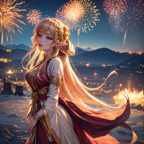 wide wide shot，Expansive night sky，new year，(A grand fireworks display),a beautiful elf queen，Spring dress，having fun，red tint，gold thread embroidery，(best quality,4k,highres,masterpiece:1.2),ultra-detailed,(realistic,photorealistic,photo-realistic:1.37),