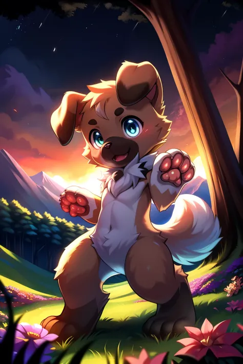 (blue fur), expansive landscape photograph , (blush), (paws, pawpads), furry boy, ((rockruff, shiny pokemon)), (cub, young, chib...