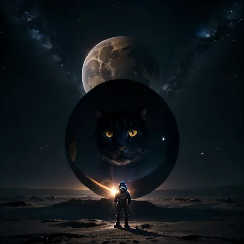 A deep space round planet shaped like a cat head with nose, mouth, eyes, ears, fur and whiskers. Standing on the planet are 2 muscular humanoid space cats holding guns standing upright getting ready for war with another humanoid alien space cat race standi...