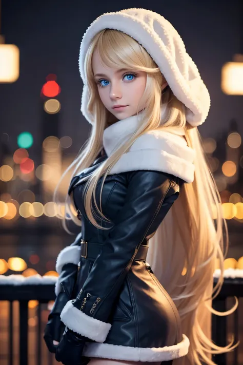 Long Blonde Hair, Blue eyes, Twenty year old girl, Winter coordination, Background blur, Megalopolis shining at night