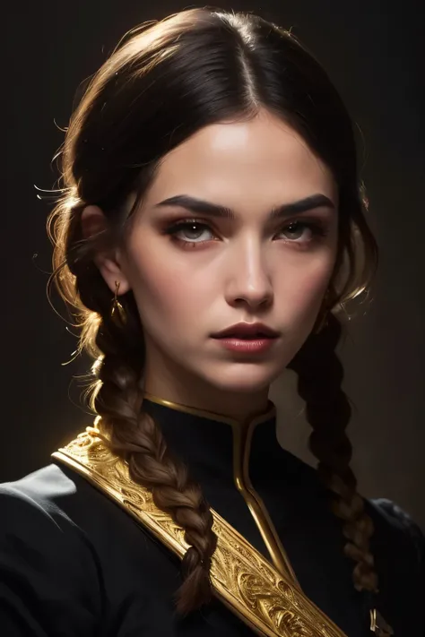 painterly digital painting, A soldier clad in a striking gothic outfit, adorned with intricate gold embroidery and ornate trims. The portrait shot captures their detailed face, highlighted by the warm, golden neon light that casts a dramatic glow upon thei...