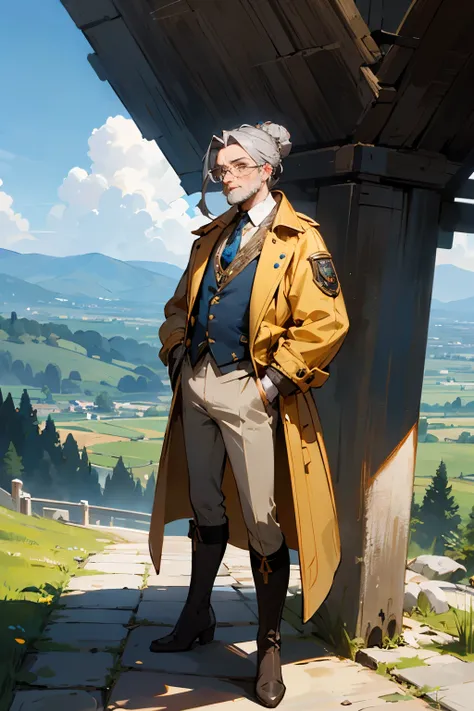 Sage in a modern yellow coat, gray hair on the head in a bun, hipster, shaved temples, medium sized beard, pince-nez steampunk, diamond pin in a tie, hands in pocket, thin in the shoulders, elongated body, big belly, blue high boots, striped knee socks, ea...