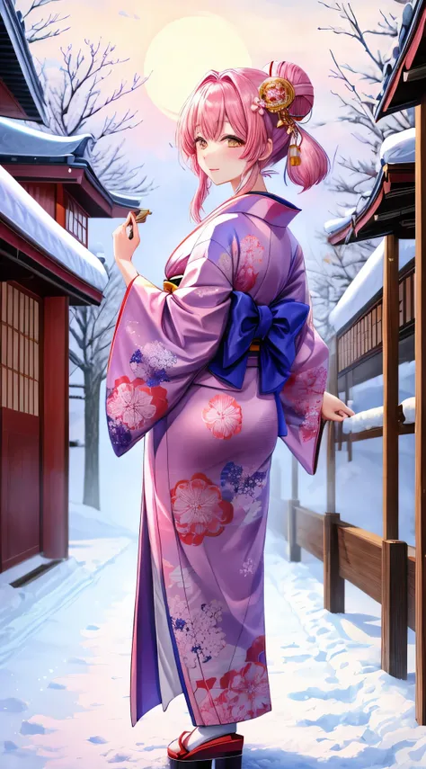 1 moon　Kimono　Yuki　Yuki景色　花魁　Yukiだるま追加　Hair colorpink　Dazzling　A Japanese style　snowscape　shrines　First visit