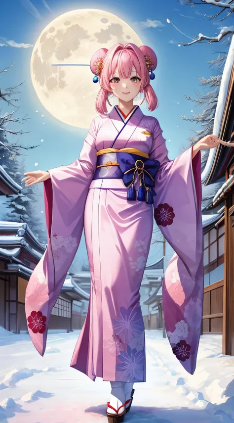 1 moon　Kimono　Yuki　Yuki景色　花魁　Yukiだるま追加　Hair colorpink　Dazzling　A Japanese style　snowscape　frontage　エロ