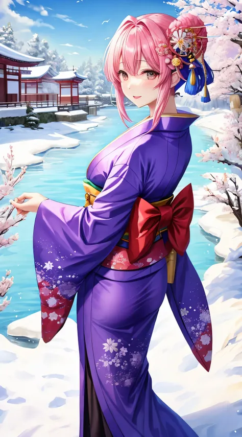 1 moon　Kimono　Yuki　Yuki景色　花魁　Yukiだるま追加　Hair colorpink　Dazzling　A Japanese style　snowscape