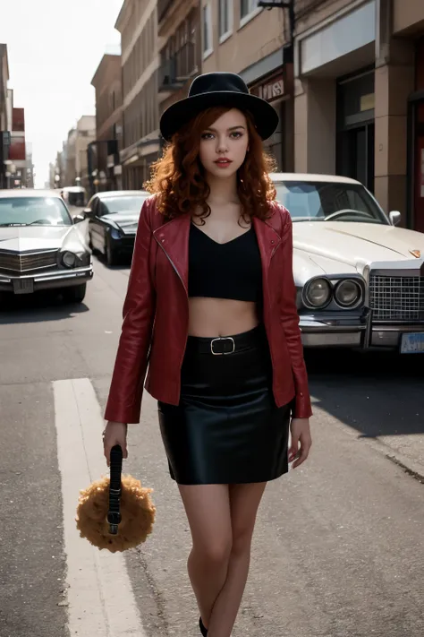 masterpiece, pale skin, red lips, light eyes, eyeshadow, front shot a beautiful red-haired woman with medium curly hair standing...