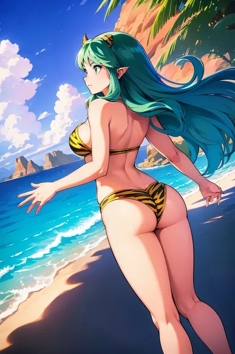 In style of Artgerm, (best quality,4k,8k,highres,masterpiece:1.2),ultra-detailed,(r:1.37), vibrant colors, lum, lighting, beach scenery, bikini model, standing tall and confident, turn back, show her butt, full body emphasis, alluring curves, prominent and...