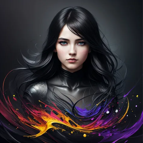 Colorful beautiful girl: a girl 28-years old, messy hair, oil painting, nice perfect face with soft skinice perfect face, blue yellow colors, light purple and violet additions, light red additions, intricate detail, splash screen, 8k resolution, masterpiec...