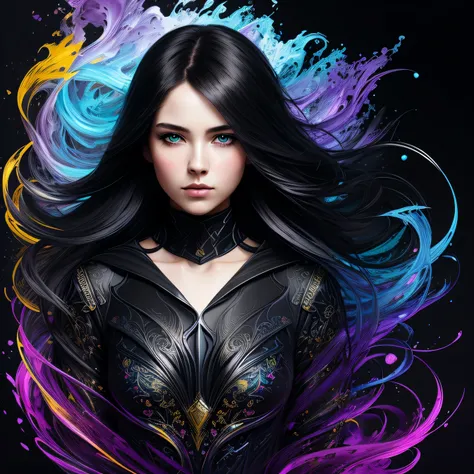 Colorful beautiful girl: a girl 28-years old, messy hair, oil painting, nice perfect face with soft skinice perfect face, blue yellow colors, light purple and violet additions, light red additions, intricate detail, splash screen, 8k resolution, masterpiec...