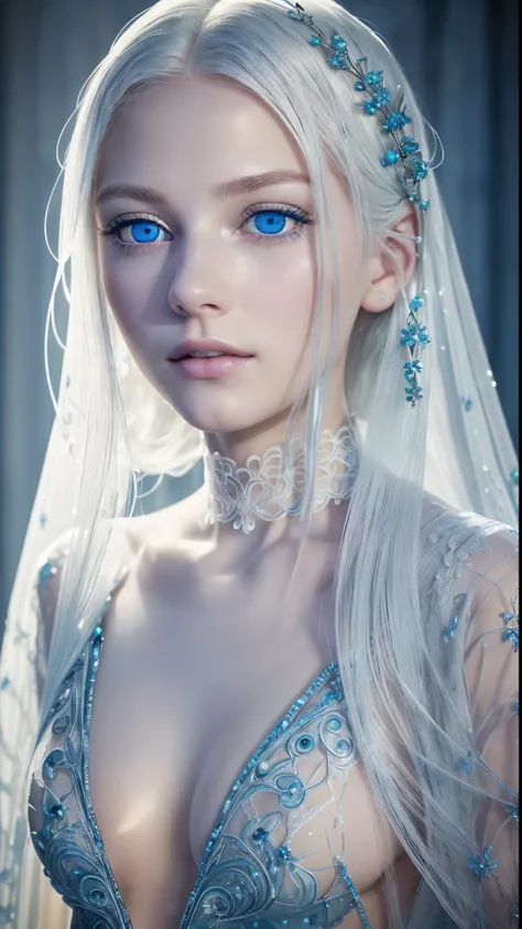 8k full body shot of beautiful white-haired 18 year old girl, (intricate, sheer, transparent, translucent,(no clothes:1.2)), intricate, beautifull face, elegant, highly detailed, digital hyperrealistic photography, hyperrealistic photography filigree, shyn...