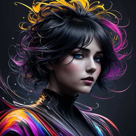 Colorful beautiful girl: a giru 28-years old, messy hair, oil painting, nice perfect face with soft skinice perfect face, blue yellow colors, light purple and violet additions, light red additions, intricate detail, splash screen, 8k resolution, masterpiec...