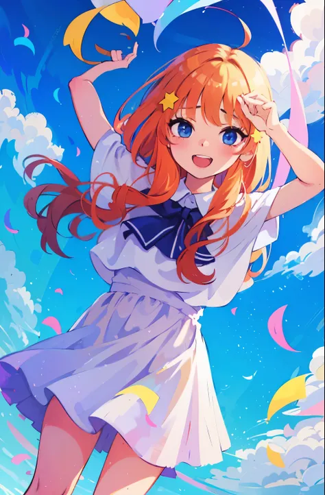 Cute as a dream、a pale, (​masterpiece、top-quality、top-quality、watercolor paiting(Curly)、Official art、Beautifully Aesthetic:1.2)、colourfull、Hair spreads throughout、kawaii、pastels、summer, blue sky, white clouds, HD Detail, Ultra Detail, Movie, Soft Light, De...