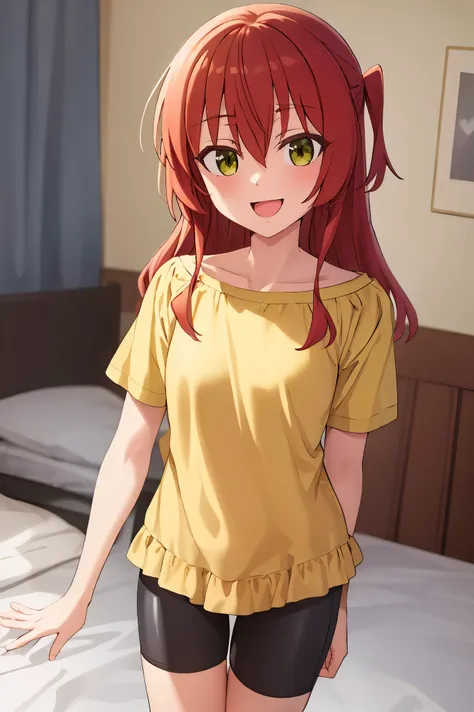 1 girl, best quality, ultra high res, long hair, red hair, green eyes, looking at viewers, small breast, standing, pov, slim body, loli body, small body, smile, open mouth, yellow shirt, short sleeves, bike shorts, bedroom, white bed sheets,