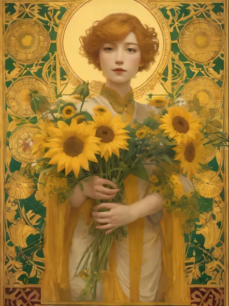 painting of a woman holding a bouquet of sunflowers in front of a golden background, hyperrealistic art nouveau, chie yoshii, andrey remnev, by Yamagata Hiro, mucha klimt and tom bagshaw, inspired by J. C. Leyendecker, inspired by J.C. Leyendecker, inspire...