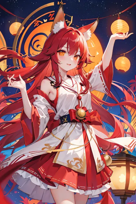 A woman is、30-year-old woman、 Woman with long red and gold gradient hair、, gold eyes, fox ears fox tail、Red blush、The look of happiness、leafs、long hair stylist,　Expression of happiness、Common、And、Happy expression、Wide shoulders、、Spring couplets in hand、Hol...