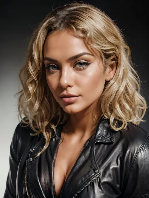 cuban woman Sandra Malek, ((curly blonde hai))r, blonde hair, curly hair, (realistic:1.5), ((white Eyeliner makeup: 1.2)), photorealistic, best quality, hyper detailed, beautiful woman with natural blonde curly hair, eyes open, full body, skin texture with...