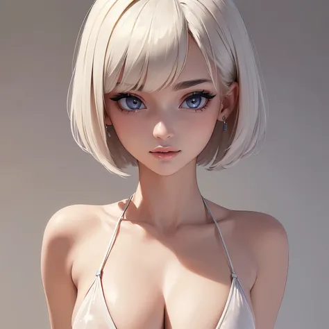 ((Top Quality, 16k, Masterpiece: 1.3)), (Beauty, Big: 1.2, Slender Abs: 1.2), (Ultra Detailed Face, Highly Detailed Lips, Detailed Eyes, Double Eyelids), (White See-Through Bikini), 1 Woman, Short Bob Woman, 1pc Mole on Right Breast