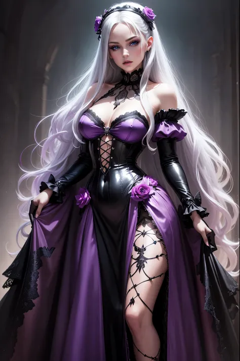 A glossy photo of young British woman posing for magazine,gothic style, long silver hair,photorealistic, high fashion, high detailed, high light, wearing a tulle -lace purple /fuchsia color dress, decorated with black diamonds,full lips, big ocean blue eye...