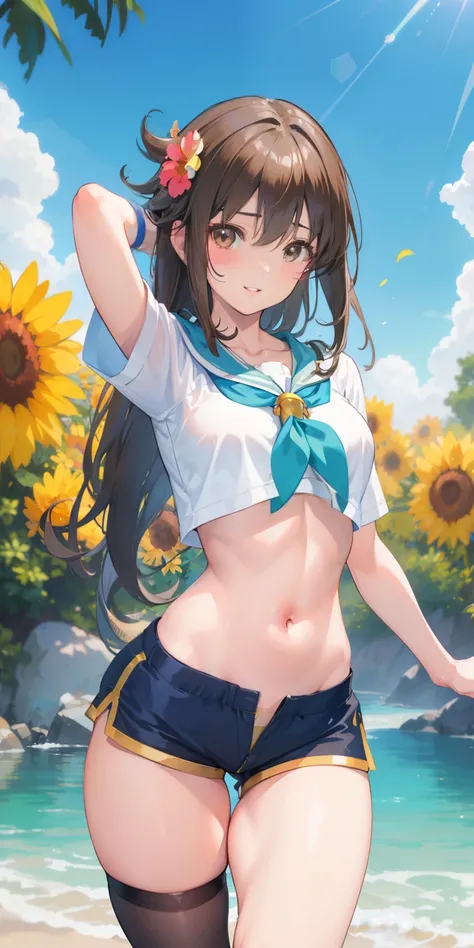 masterpiece, best quality, realistic, adult girl, smile, Aqua Konosuba, long brown hair, brown eyes, bright eyes, short shirt, perfect belly, ripped short shorts, tight tights, perfect legs, parted lips, blush, night, flowers, sun, sunlight.