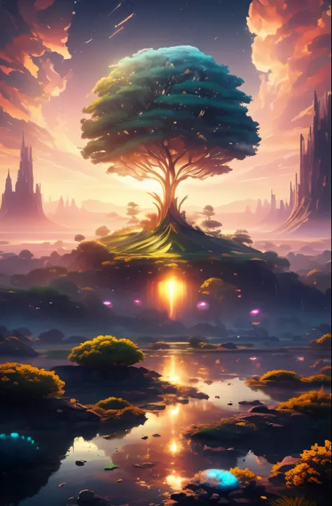 dawn of the world, Dawn hours, light of creation, Flood of light, Dazzling light, bright shining light, creator&#39;Dream of, Yggdrasil, digital art inspired by Cyril Rolando, Trending on ArtStation, space art, artgem and beeple masterpiece, beeple masterp...