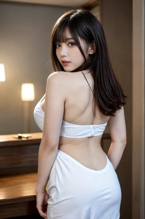 ulzzang -6500-v1.1, (Raw photo:1.2), (Photorealsitic), She begins to take off her dress with her shoulders exposed.、In the middle of taking off、Rear view of a woman changing clothes, huge filesize, hight resolution, ighly detailed, top-quality, [​masterpie...