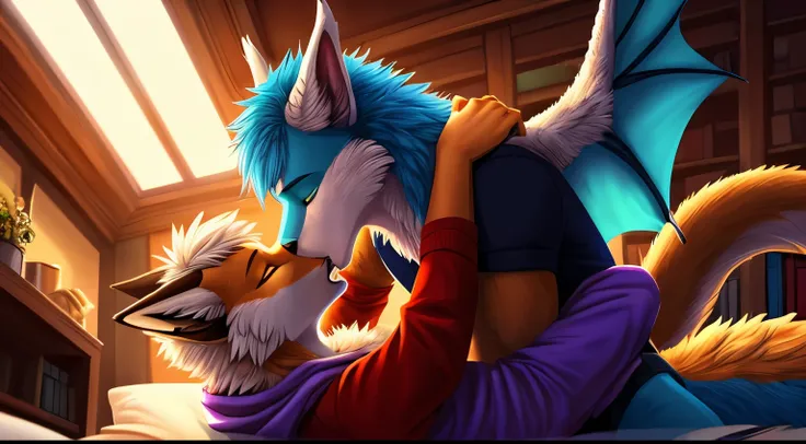 (vertical view:1.5), assisted exposure, explict content, uploaded on e621, (extremely detailed:1.3), 2boys, 2species duo, (duo focus:1.2), (kissing:1.3), (furry body), (male:1.5), (a lot of fur), (emotional:1.4), (leaning against object:1.4) furry, fox wit...