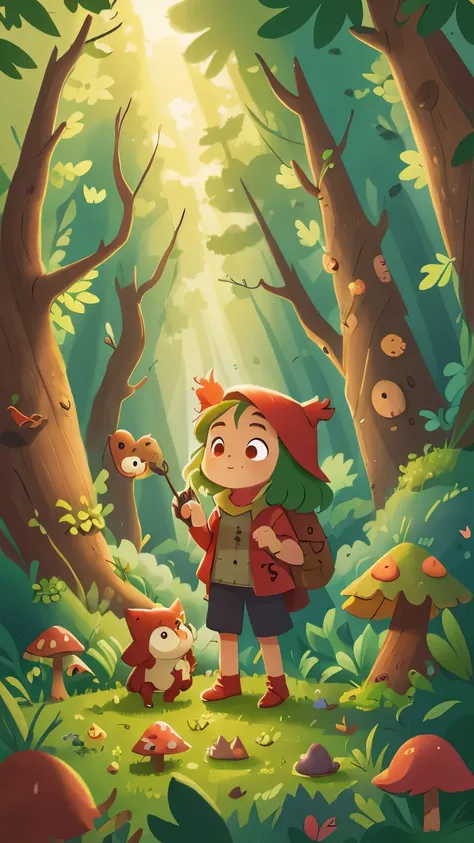 Little Red Riding Hood picks mushrooms in the forest