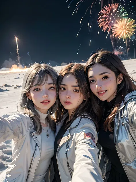 xxmixgirl, 3 girls, friends, three girls, smiling, happy, fireworks, fire work fisheye, selfie, wind, messy haur, Generate a stunning image of three girl with brown hair and one with gray hair wearing a white silver jacket, taking a selfie amidst the ether...