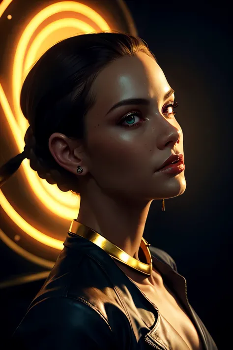 painterly digital painting, A soldier clad in a striking gothic outfit, adorned with intricate gold embroidery and ornate trims. The portrait shot captures their detailed face, highlighted by the warm, golden neon light that casts a dramatic glow upon thei...