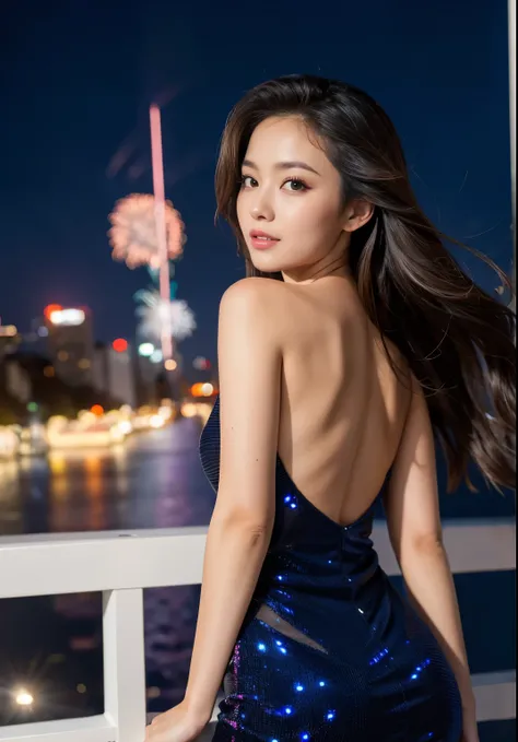 ​masterpiece), top-quality, 超A high resolution,4k,8k, 1 girl flying over the stunning cityscape ,Neon Color Shooting Star, Very long hair, off shoulders, The Flash, stunning night sky, 电影灯光, Photorealsitic, real looking skin, HDR,Fireworks are going up,Bea...